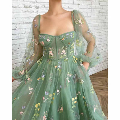 Puffy Sleeve Prom Dresses Flower Embroidery Tulle Formal Dress Evening Party Gowns