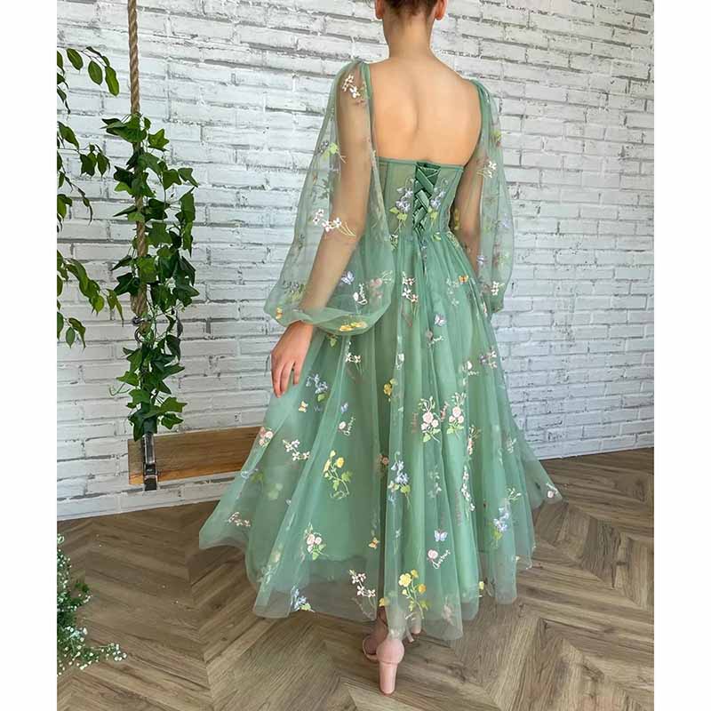 Puffy Sleeve Prom Dresses Flower Embroidery Tulle Formal Dress Evening Party Gowns