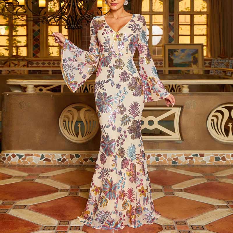 Floral Prom Dress V Neck Bell Sleeve Wedding Guest Dress