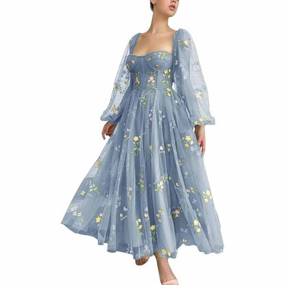 Puffy Sleeve Prom Dresses Flower Embroidery Tulle Formal Dress Evening Party Gowns