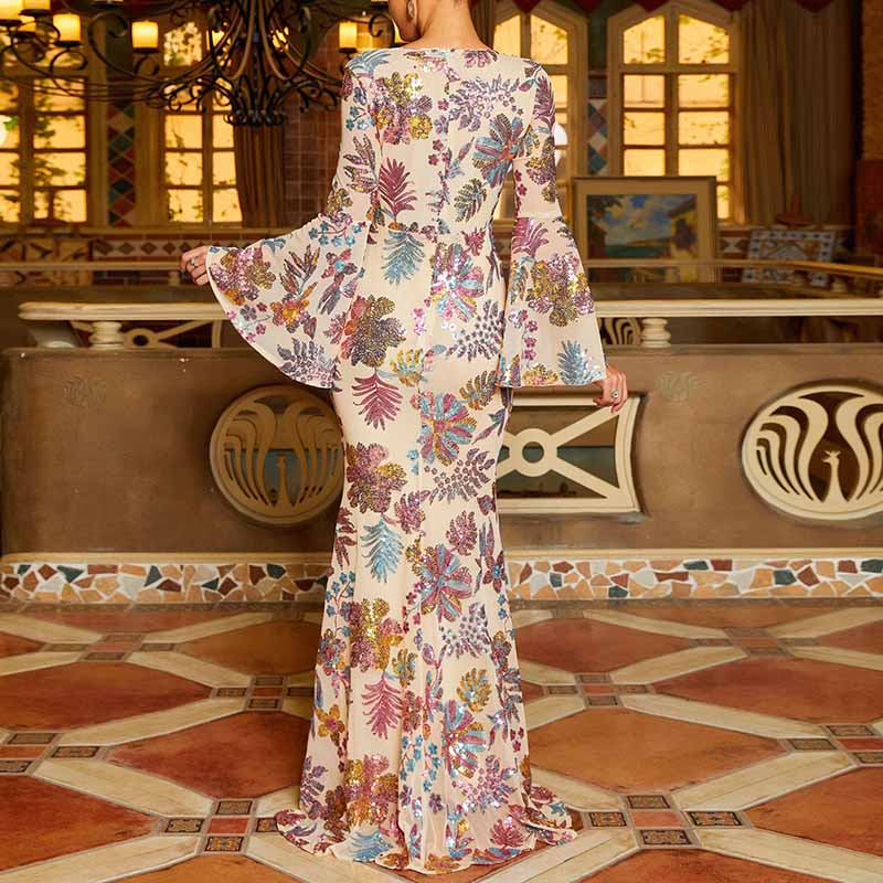 Floral Prom Dress V Neck Bell Sleeve Wedding Guest Dress