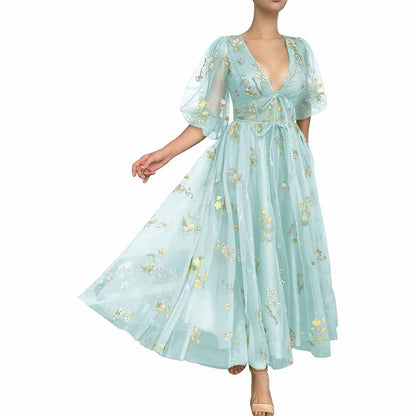 Puffy Sleeve Prom Dresses Flower Embroidery Tulle Formal Dress Evening Party Gowns