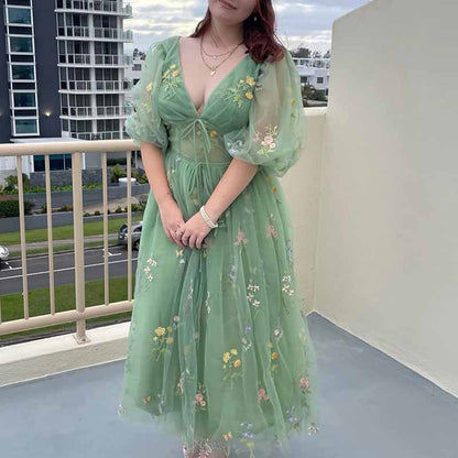 Puffy Sleeve Prom Dresses Flower Embroidery Tulle Formal Dress Evening Party Gowns