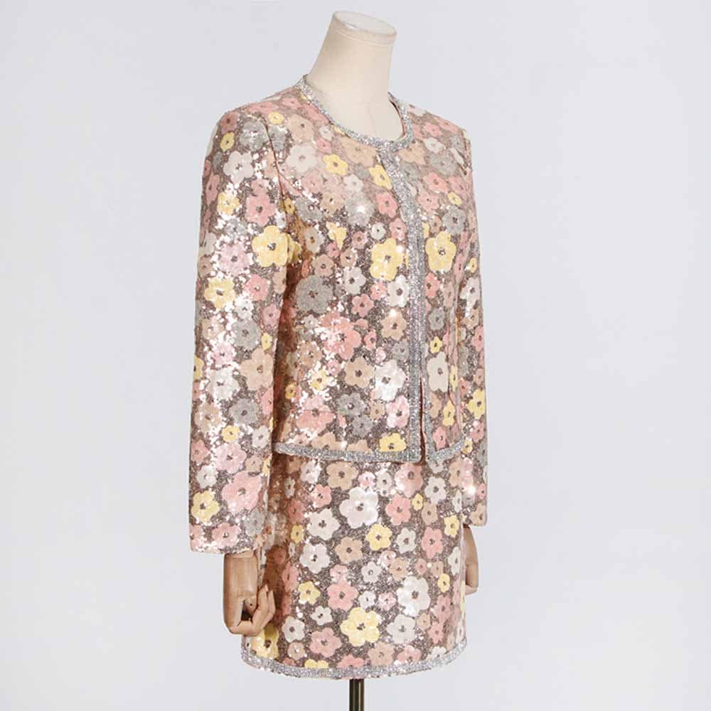 Sequin Floral Paradise Long Sleeve Skirt Suit