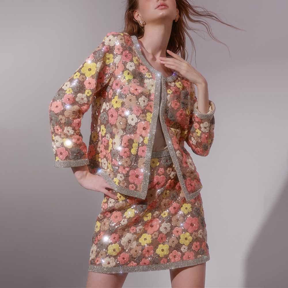 Sequin Floral Paradise Long Sleeve Skirt Suit