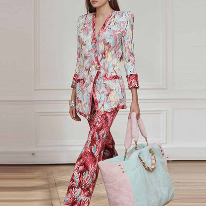 Women Print Collarless Buttons Long Jacket Pantsuit
