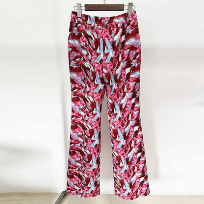 Women Print Collarless Buttons Long Jacket Pantsuit