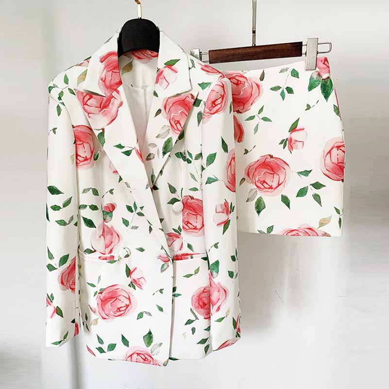 Women Double Breasted White Floral Printed Blazer Skirt Suit