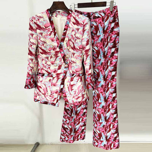 Women Print Collarless Buttons Long Jacket Pantsuit