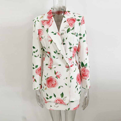 Women Double Breasted White Floral Printed Blazer Skirt Suit