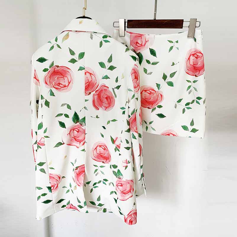 Women Double Breasted White Floral Printed Blazer Skirt Suit