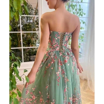 Strapless Flower Tea Length Embroidered Tulle Lace Formal Dress Homecoming Dress