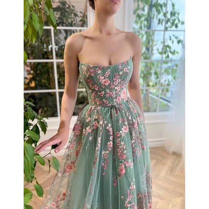Strapless Flower Tea Length Embroidered Tulle Lace Formal Dress Homecoming Dress