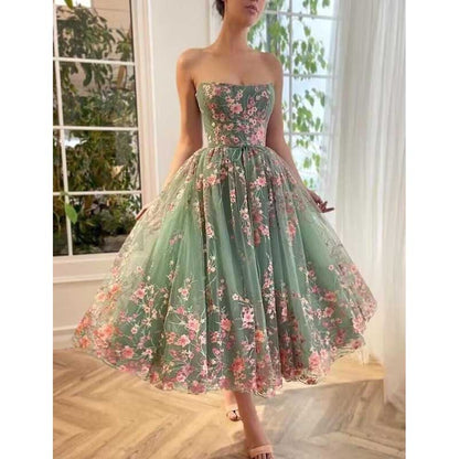 Strapless Flower Tea Length Embroidered Tulle Lace Formal Dress Homecoming Dress