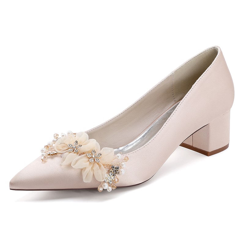 Elegant flower appliqué wedding heels in satin with decorative accents for bridal footwear