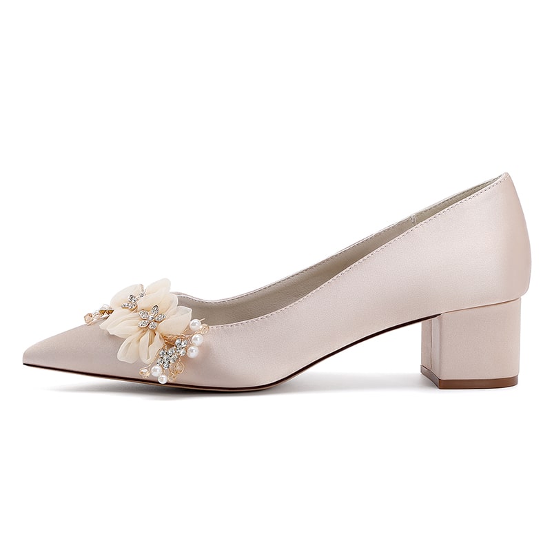 Elegant flower appliqué wedding heels with a block heel design and decorative floral embellishments