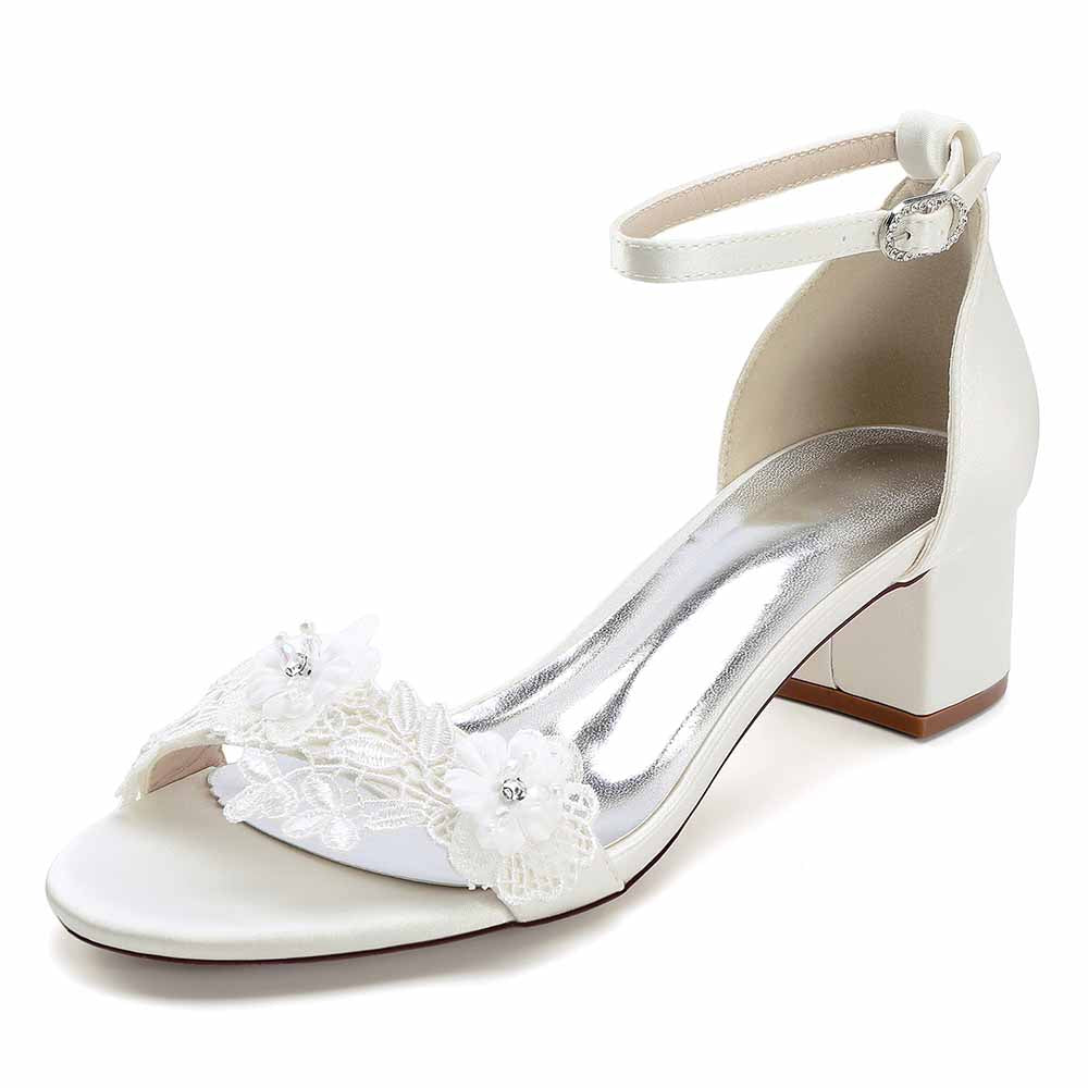 Elegant flower appliqué wedding shoes with ankle strap and block heel for bridal comfort