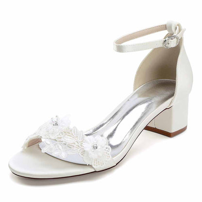 Elegant flower appliqué wedding shoes with ankle strap and block heel for bridal comfort