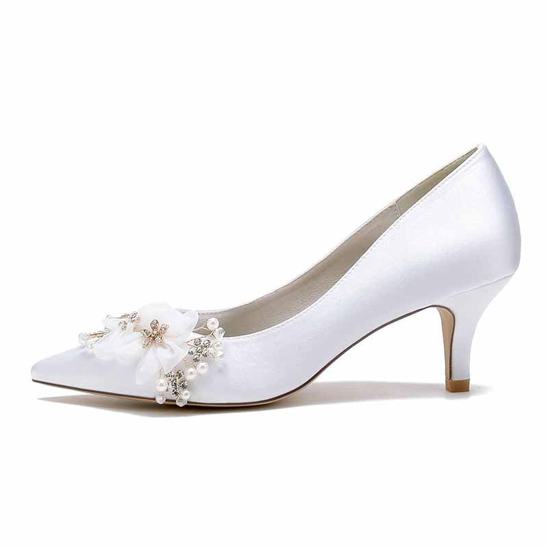 S&DCo. elegant heels featuring flower embellished wedding shoes for bride with satin finish