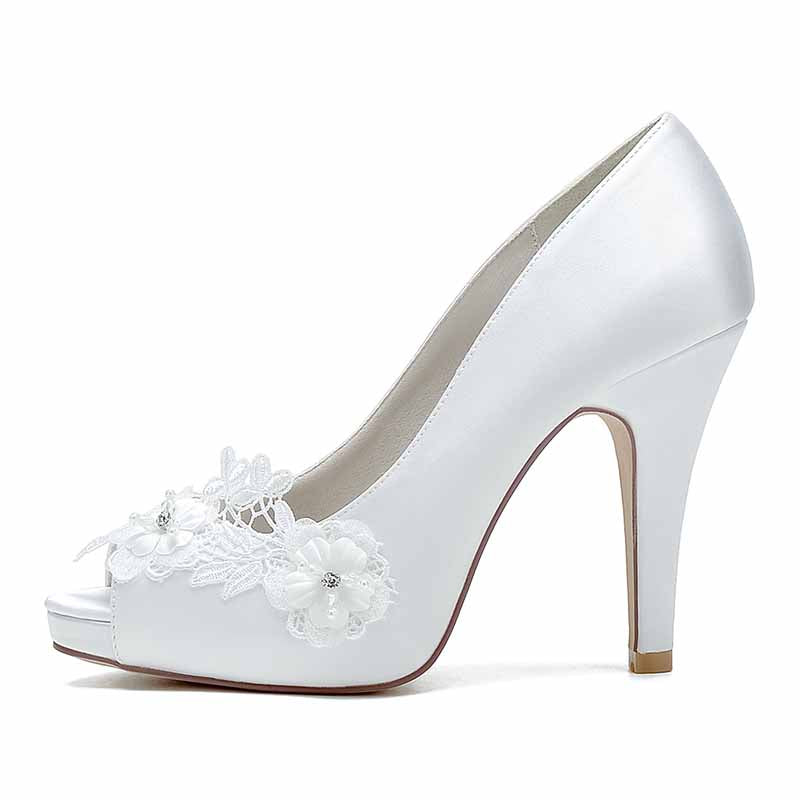 Elegant flower lace bridal heels by S&DCo with floral embellishments and open-toe design