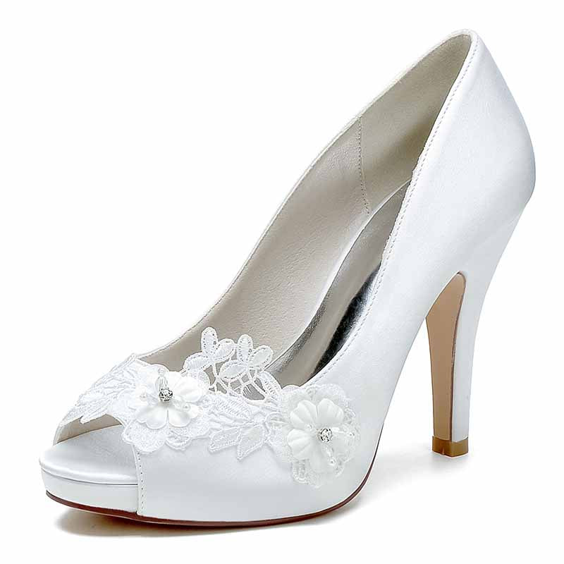 White flower lace bridal heels with peep toe design and floral embellishments