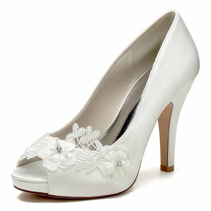 Elegant flower lace bridal heels in white with a peep-toe design, featuring floral embellishments