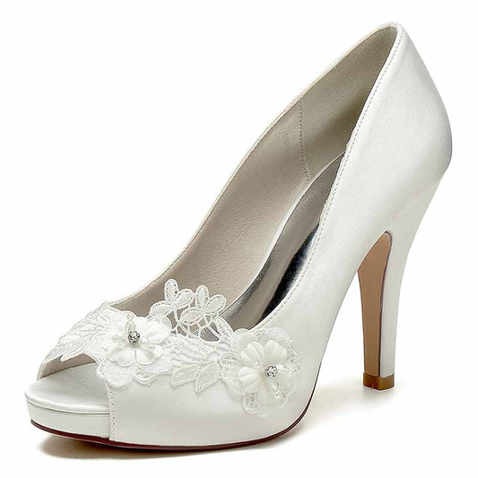 Elegant flower lace bridal heels in white with a peep-toe design, featuring floral embellishments