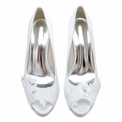 Elegant flower lace bridal heels by S&DCo featuring peep toe and intricate floral details