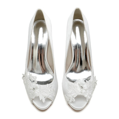 Flower lace bridal heels with open toe design and elegant floral embellishments