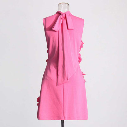 Sleeveless Standard Collar Short Dress Flower Embellished A-Line Mini Dress