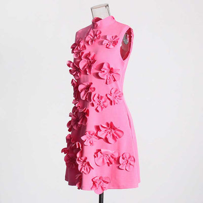 Sleeveless Standard Collar Short Dress Flower Embellished A-Line Mini Dress