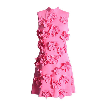 Sleeveless Standard Collar Short Dress Flower Embellished A-Line Mini Dress