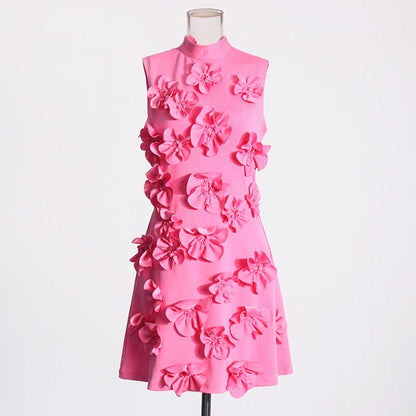 Sleeveless Standard Collar Short Dress Flower Embellished A-Line Mini Dress