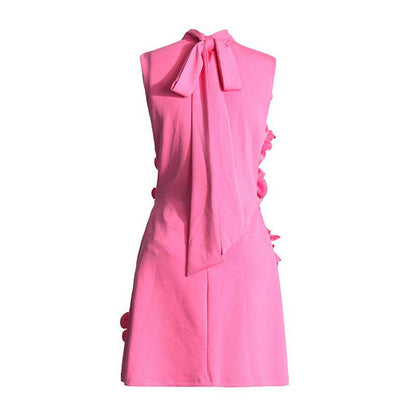 Sleeveless Standard Collar Short Dress Flower Embellished A-Line Mini Dress