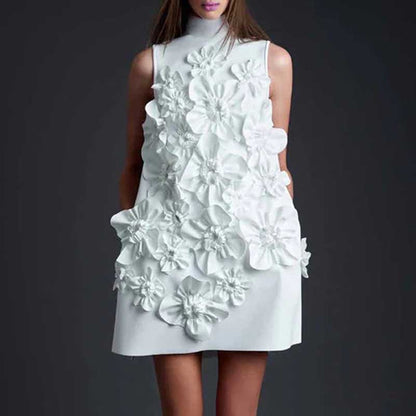 Sleeveless Standard Collar Short Dress Flower Embellished A-Line Mini Dress