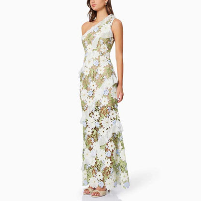 One Shoulder Lace Flora Maxi Dress