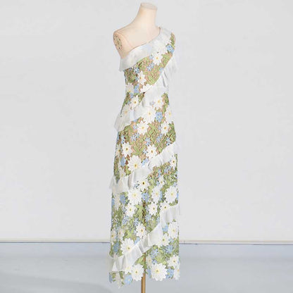 One Shoulder Lace Flora Maxi Dress