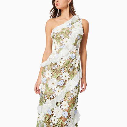 One Shoulder Lace Flora Maxi Dress