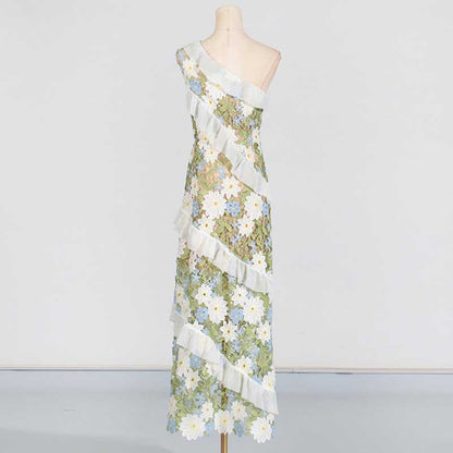 One Shoulder Lace Flora Maxi Dress