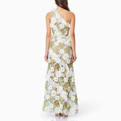One Shoulder Lace Flora Maxi Dress