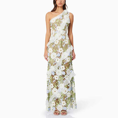 One Shoulder Lace Flora Maxi Dress
