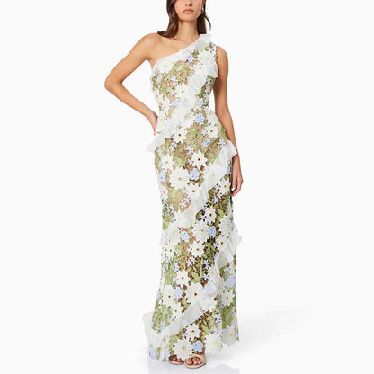 One Shoulder Lace Flora Maxi Dress