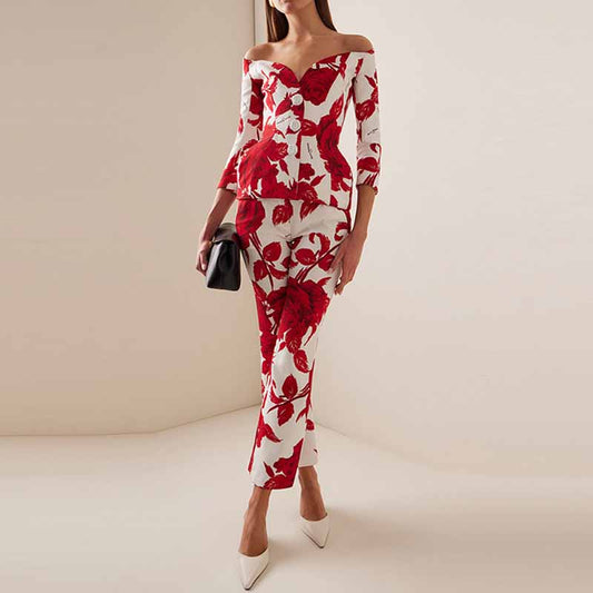 Women One Shoulder Printed Cropped Top and Pants Suit Printing Two Pieces Formal Set