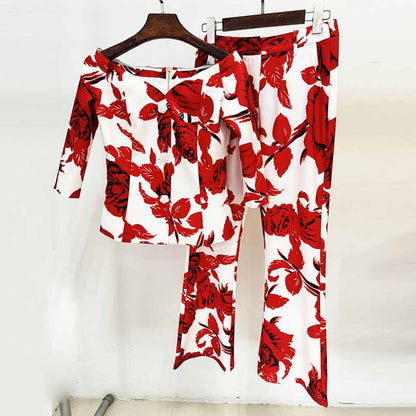 Women One Shoulder Printed Cropped Top and Pants Suit Printing Two Pieces Formal Set