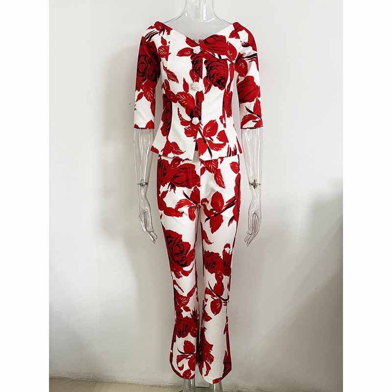 Women One Shoulder Printed Cropped Top and Pants Suit Printing Two Pieces Formal Set