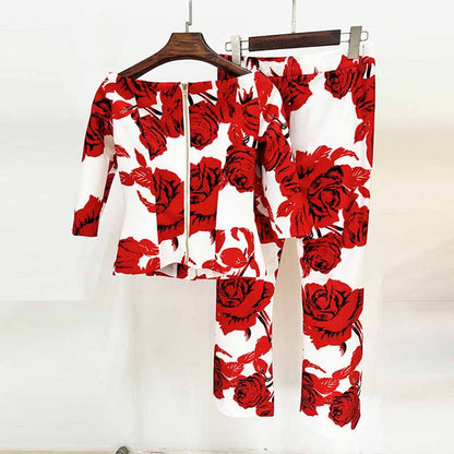 Women One Shoulder Printed Cropped Top and Pants Suit Printing Two Pieces Formal Set