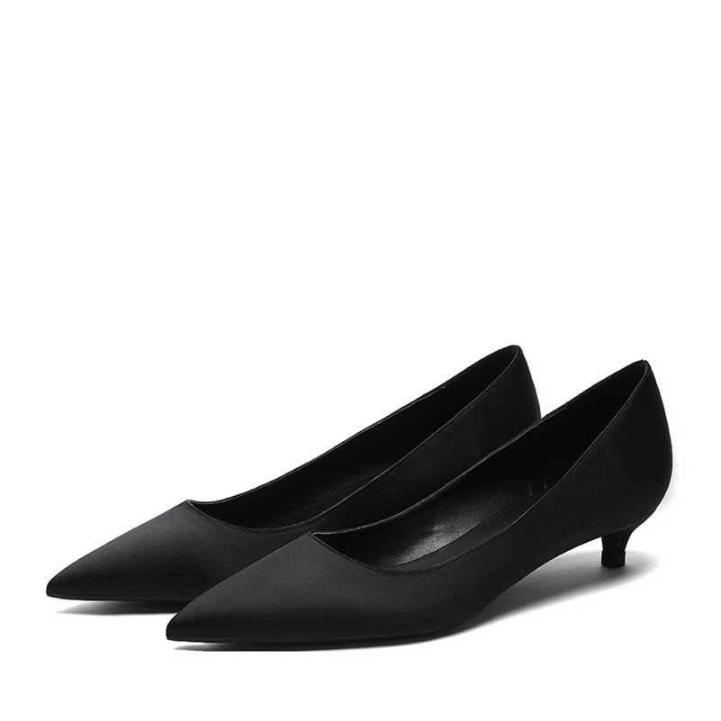 Elegant black formal low heel satin pumps with pointed toe design for stylish occasions