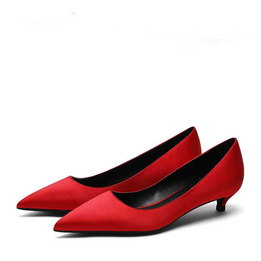 Red formal low heel satin pumps with a sleek design for elegant occasions