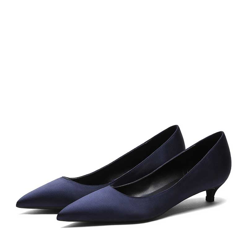 SD Dresscode formal low heel satin pumps in navy blue with a sleek pointed toe design
