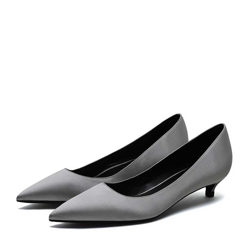 Elegant gray formal low heel satin pumps for stylish and comfortable wear at any event
